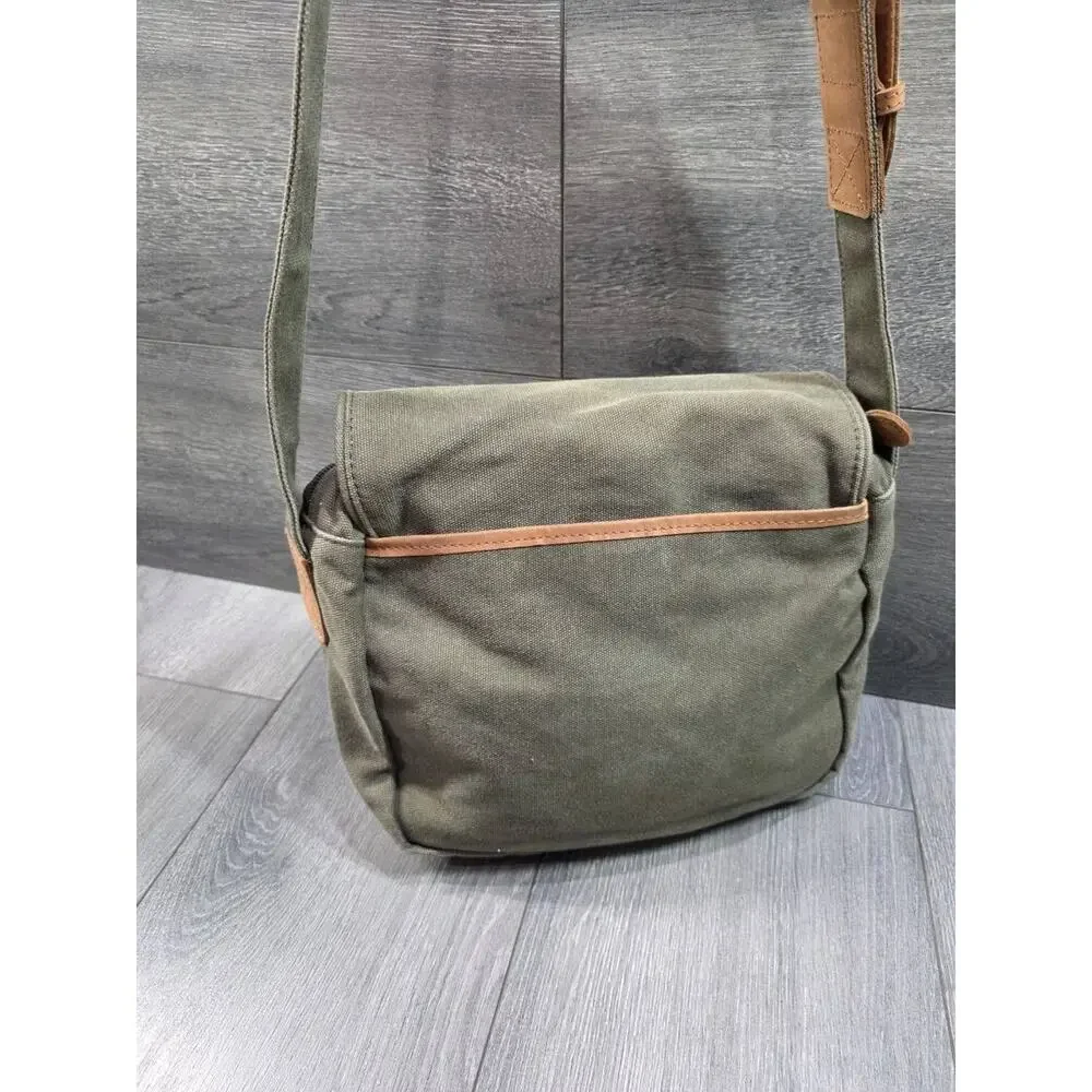LL Bean Leather Canvas Crossbody Messenger Bag Olive Green Flap Utility B000759